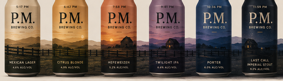 The P.M. Series lineup — six cans from 5:17 PM Mexican Lager to 11:59 PM Last Call Imperial Stout, colored from golden afternoon through to midnight