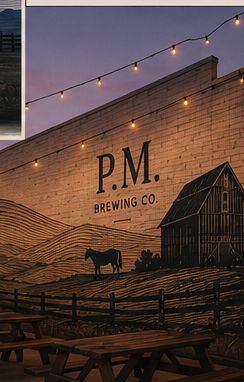 The string-lit patio with picnic tables and the engraved bluegrass mural at dusk