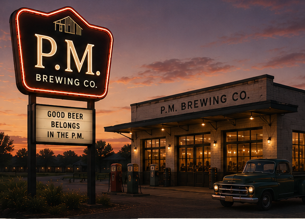 The P.M. Brewing Co. taproom lit up at dusk, with the neon sign out front